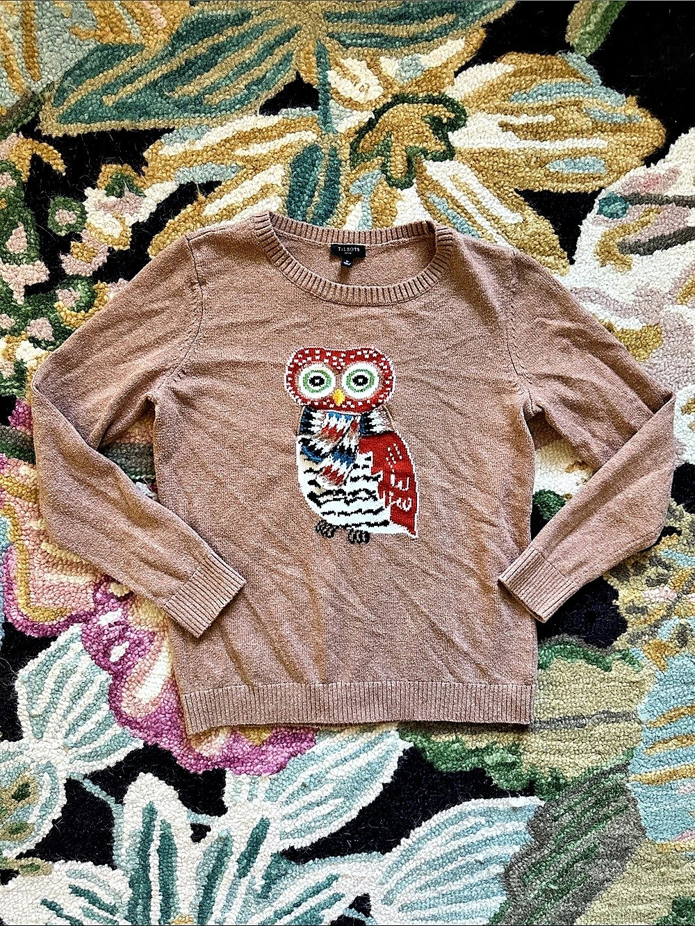 Talbots Owl Jacquard Pullover Owl Sweater Size SP
